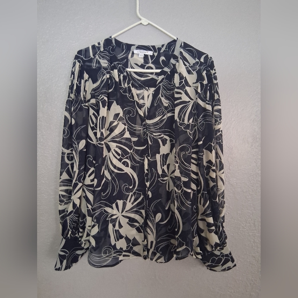 Chico's NWT Kasbah Pintuk Sleeve Sheer Blouse Top Floral Classic Navy 3/XL
